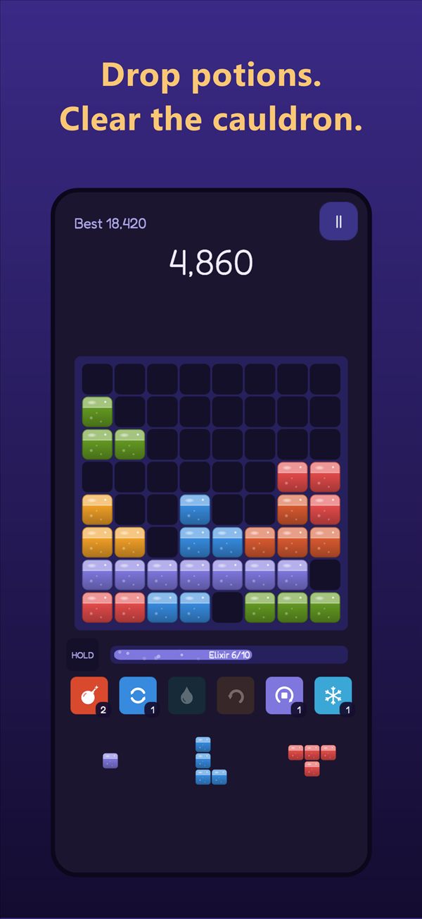 Brew Blast gameplay: potion blocks on the cauldron board