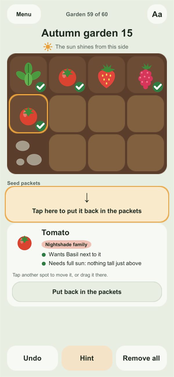 Companion Garden puzzle: plants in a garden bed with their wishes